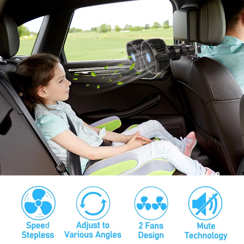 QIFUN 12V Car Fan, Portable Car Fan Cool Gadgets for Rear Seat Passenger, 4'' Headrest 360Â° Rotatable Backseat Car Cooling with Stepless Speed Regulation for Vehicles, SUV, RV, Boat - Image 4